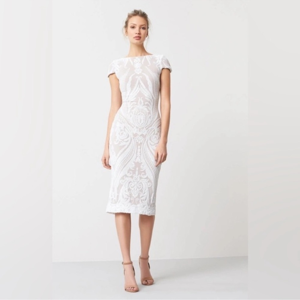 Dress the Population Brandi Sequin Bodycon Midi Dress - white/nude - XS - NWOT